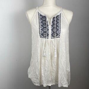 Lucky Brand White and Blue Embroidered Tank Top
